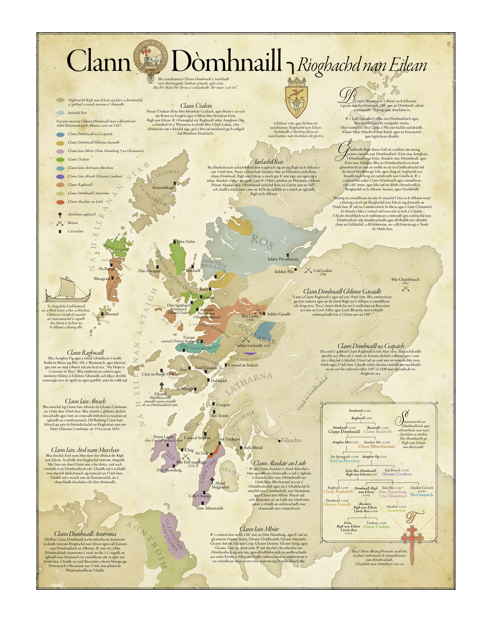 A map of Clan Donald or Clan MacDonald and Lordship of the Isles lands and lineage Glencoe, Glengarry, Antrim, Hebrides, Ross, Ardnamurchan, Garmoran, Keppoch, Sleat